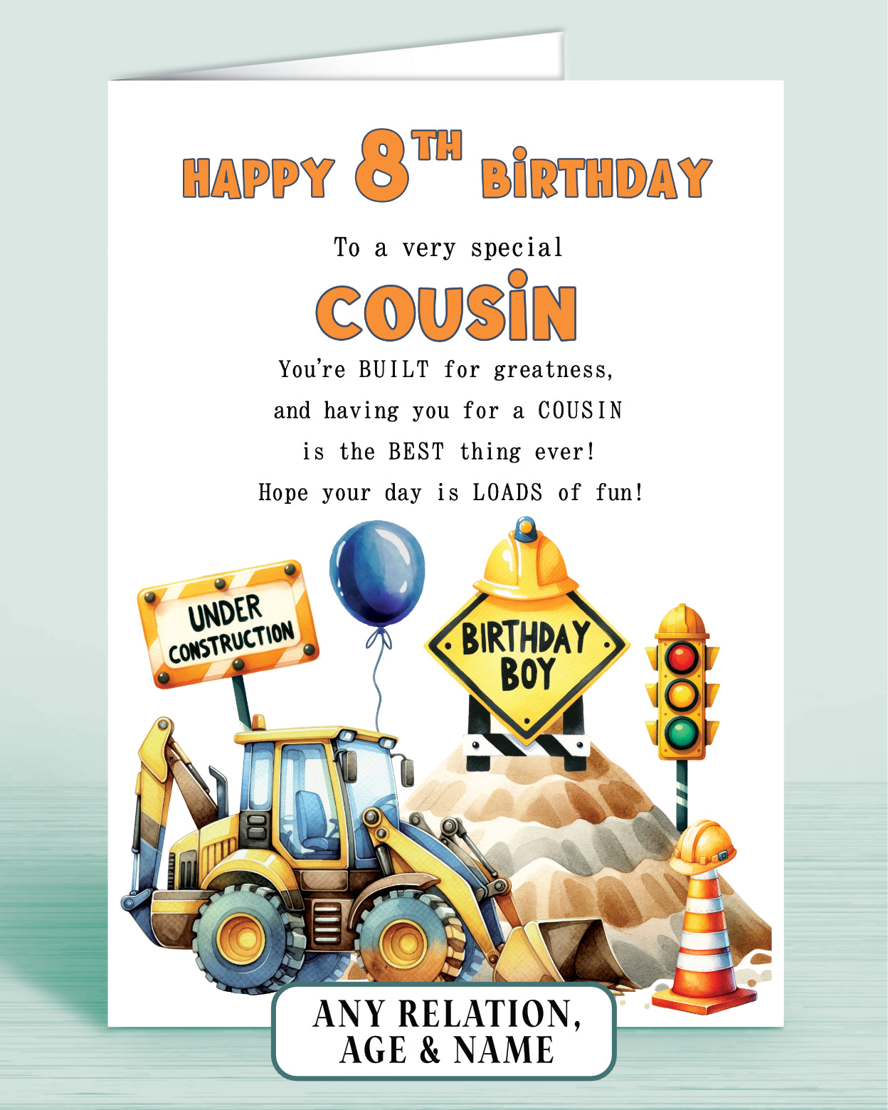 Cousin Birthday Card, Personalised 8th Birthday Card for Boys or Girls, A5 Construction Theme, Digger, Builder Birthday Boy | Oliver Rose Designs