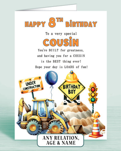 Cousin Birthday Card, Personalised 8th Birthday Card for Boys or Girls, A5 Construction Theme, Digger, Builder Birthday Boy | Oliver Rose Designs