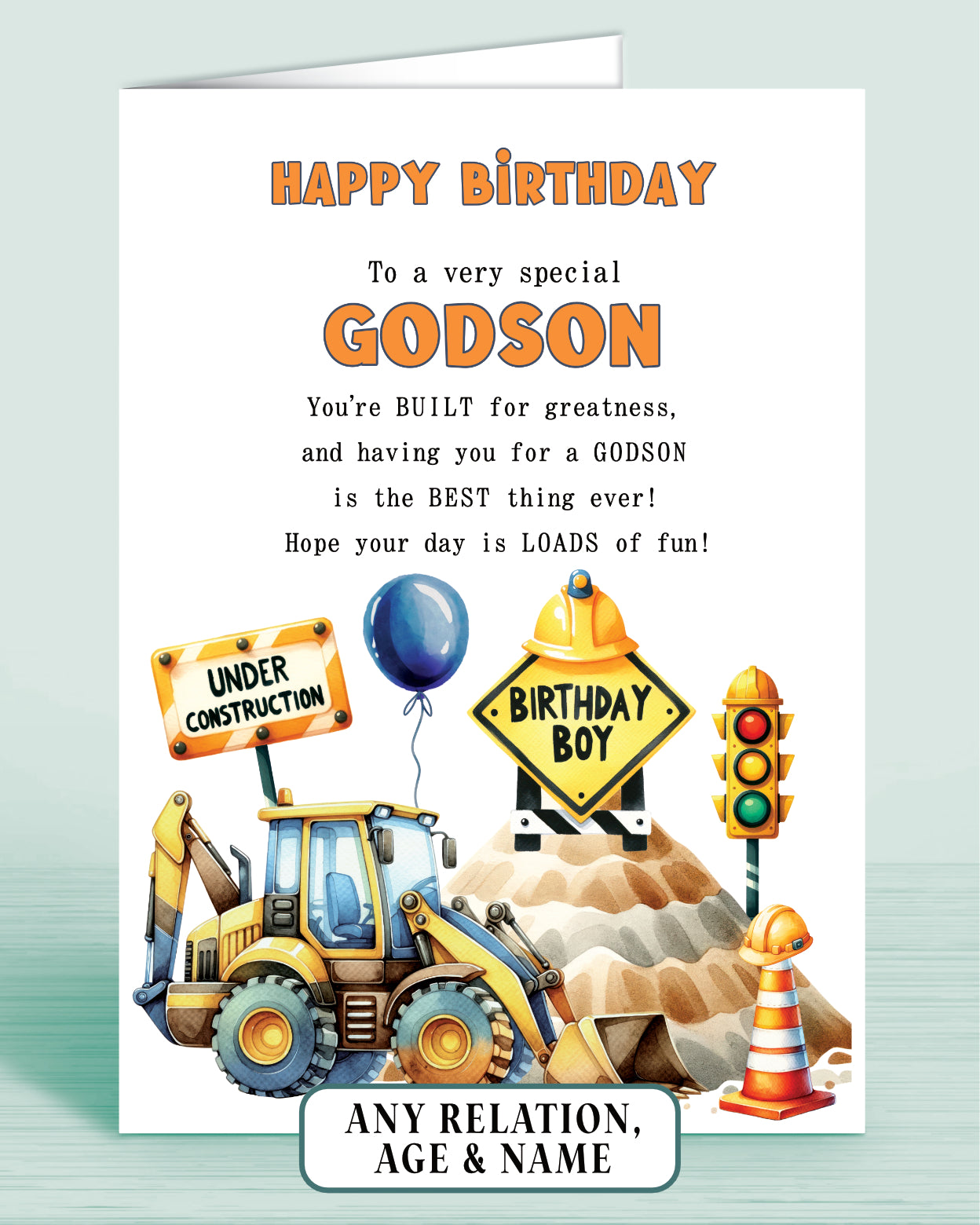 Godson Birthday Card, Personalised Birthday Card for Boys or Girls, A5 Construction Theme, Digger, Builder Birthday Boy | Oliver Rose Designs