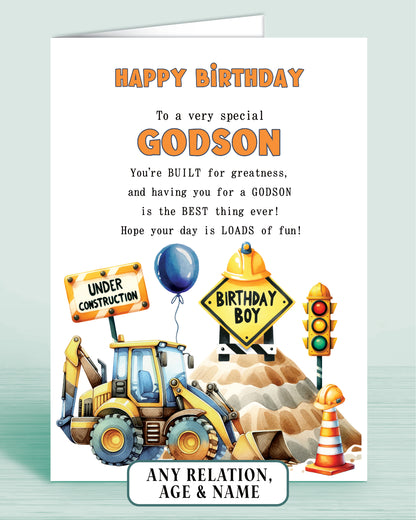 Godson Birthday Card, Personalised Birthday Card for Boys or Girls, A5 Construction Theme, Digger, Builder Birthday Boy | Oliver Rose Designs