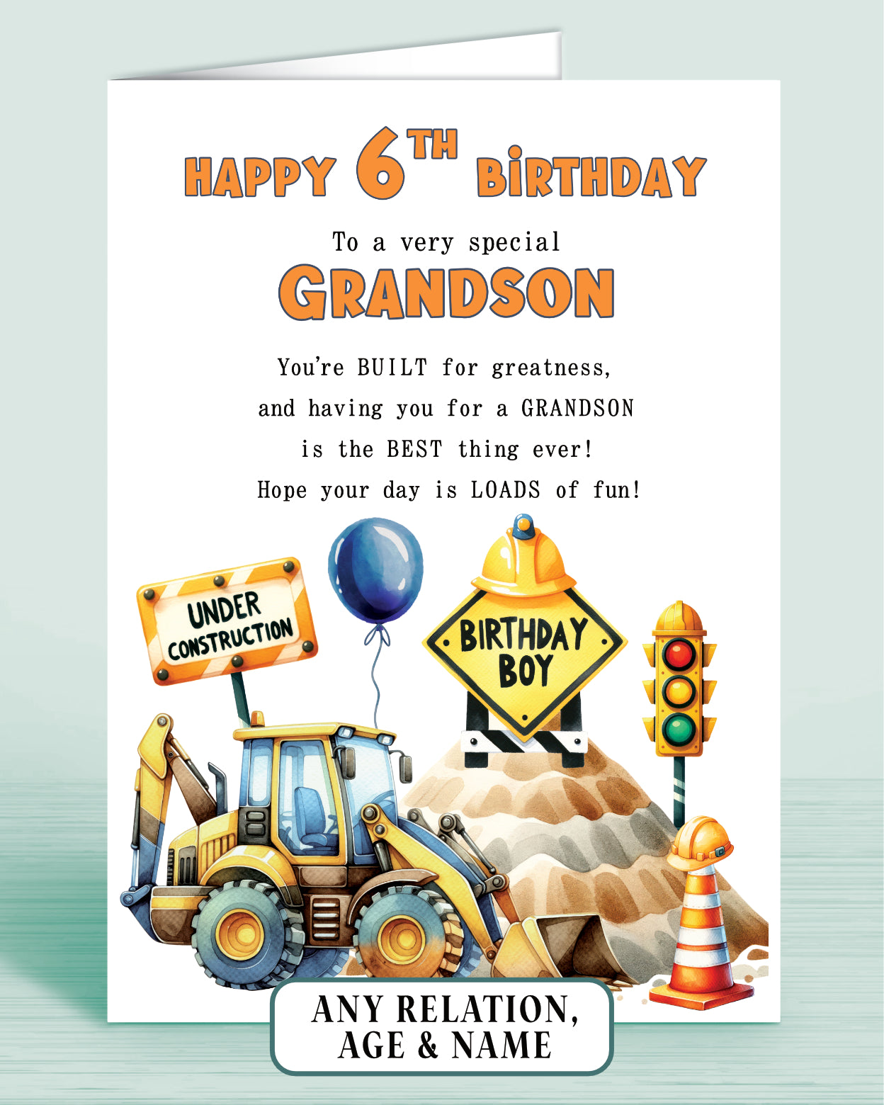 Grandson Birthday Card, Personalised 6th Birthday Card for Boys or Girls, A5 Construction Theme, Digger, Builder Birthday Boy | Oliver Rose Designs