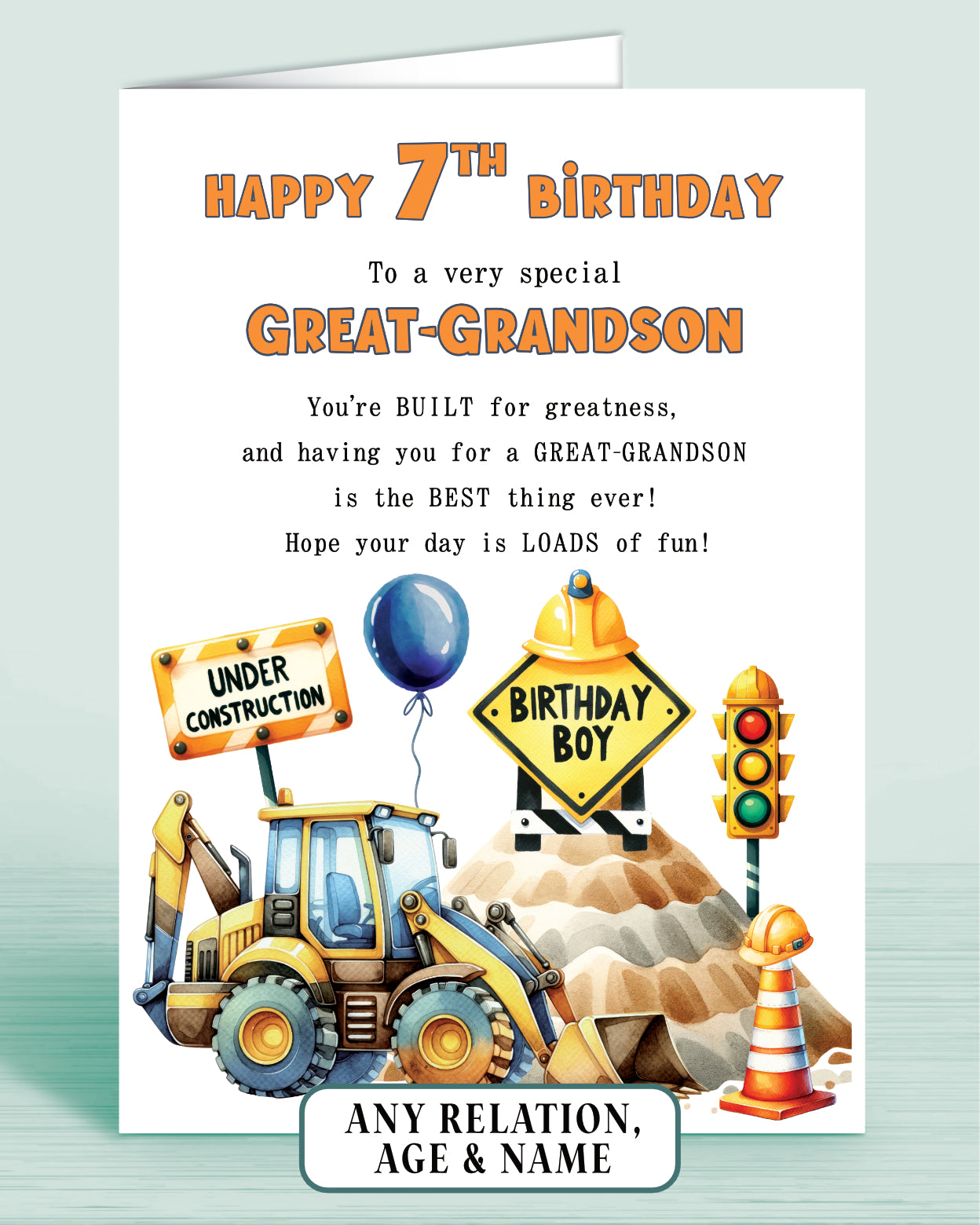 Great-Grandson Birthday Card, Personalised 7th Birthday Card for Boys or Girls, A5 Construction Theme, Digger, Builder Birthday Boy | Oliver Rose Designs