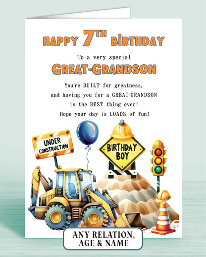 Great-Grandson Birthday Card, Personalised 7th Birthday Card for Boys or Girls, A5 Construction Theme, Digger, Builder Birthday Boy | Oliver Rose Designs