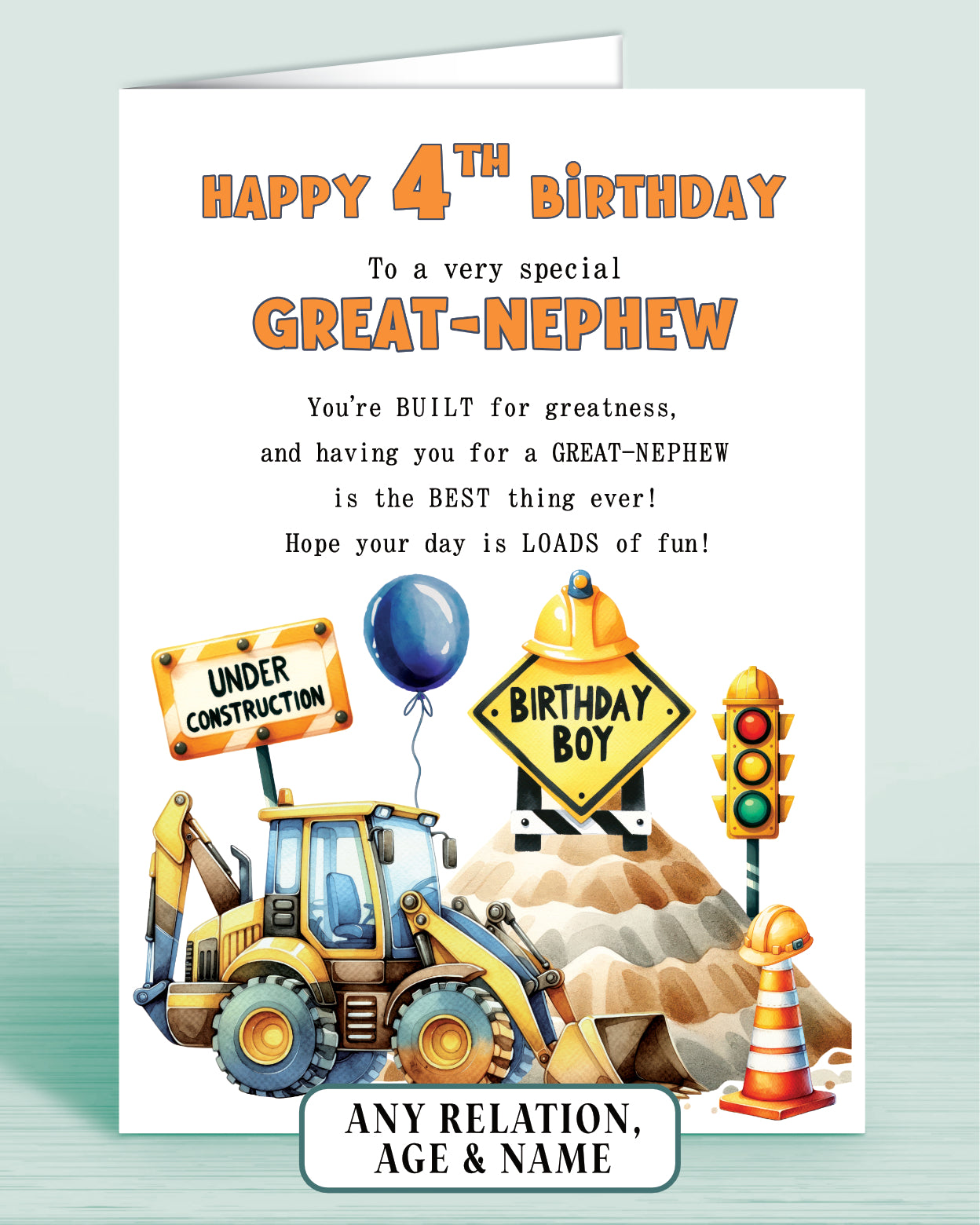Great-Nephew Birthday Card, Personalised 4th Birthday Card for Boys or Girls, A5 Construction Theme, Digger, Builder Birthday Boy | Oliver Rose Designs