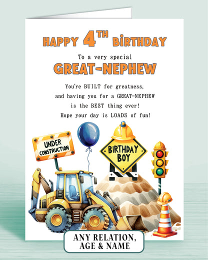 Great-Nephew Birthday Card, Personalised 4th Birthday Card for Boys or Girls, A5 Construction Theme, Digger, Builder Birthday Boy | Oliver Rose Designs