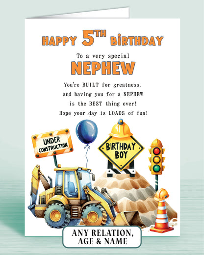 Nephew Birthday Card, Personalised 5th Birthday Card for Boys or Girls, A5 Construction Theme, Digger, Builder Birthday Boy | Oliver Rose Designs
