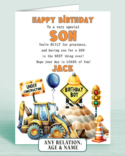 Son Birthday Card, Personalised Birthday Card for Boys or Girls, A5 Construction Theme, Digger, Builder Birthday Boy | Oliver Rose Designs