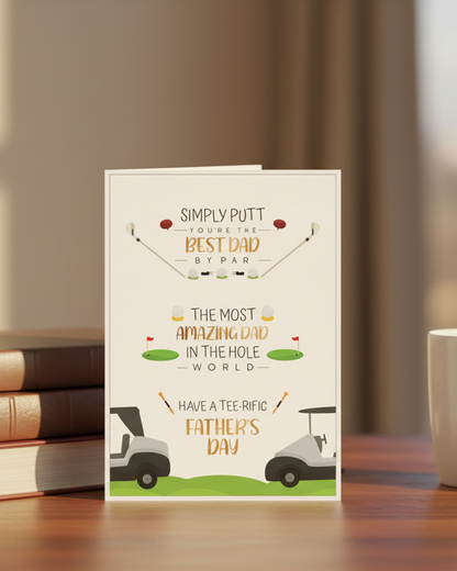 Desk Scene of a golf themed Father's Day Card, lifestyle image created with Ai assistance | Oliver Rose Designs