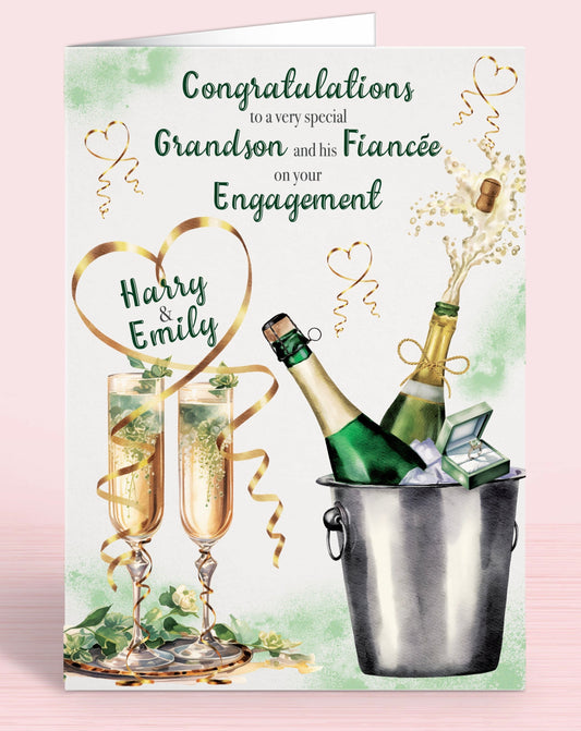 Pretty Green Engagement Card, Congratulations to a very special Grandson and his Fiancee on your Engagement, Personalised | OLIVER ROSE DESIGNS