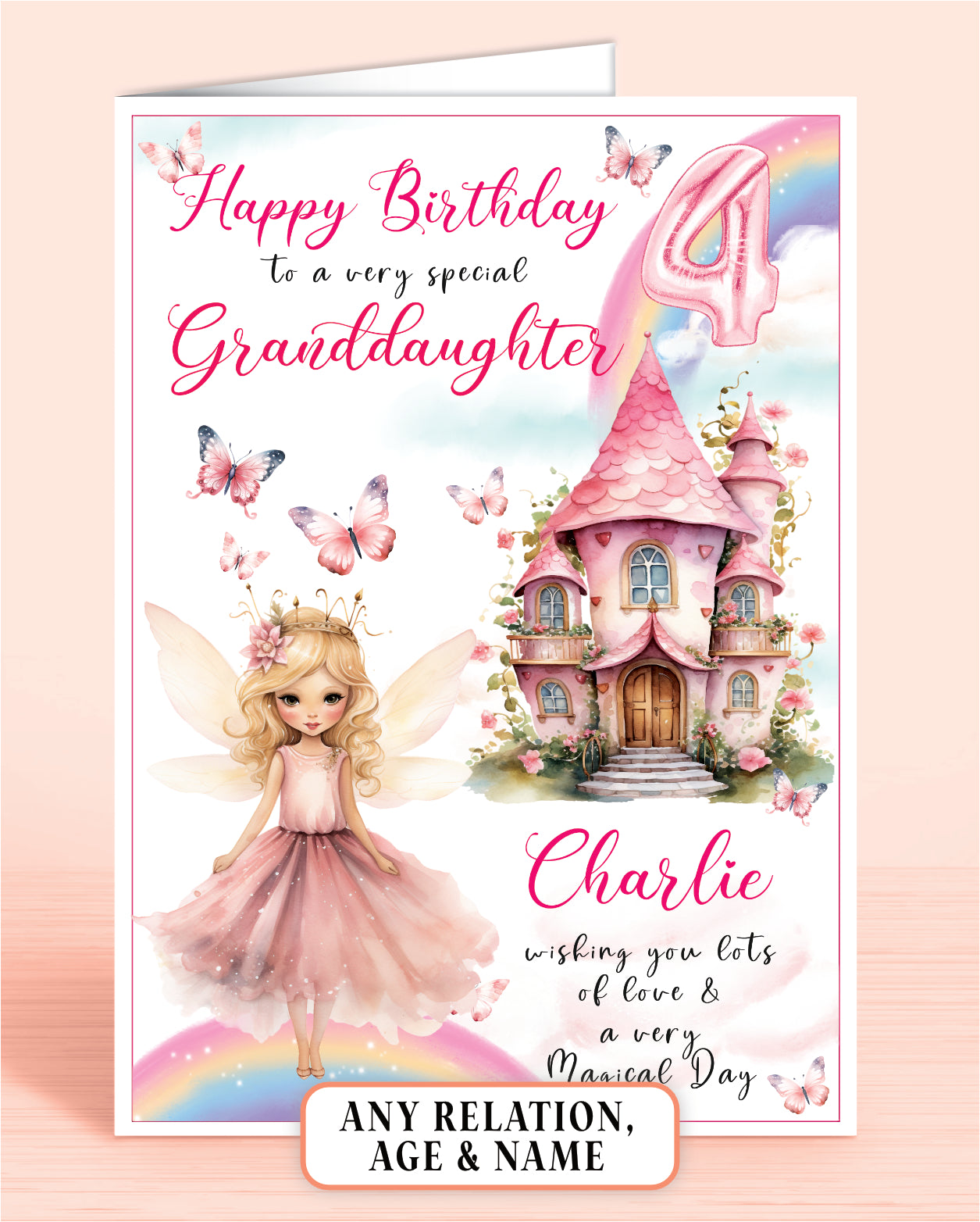 Granddaughter Birthday Card, 4th Birthday Card for Granddaughter, Fairy House, Fairy Door, Personalised with Name. Any Age and Relation BLONDE HAIR | Oliver Rose Designs