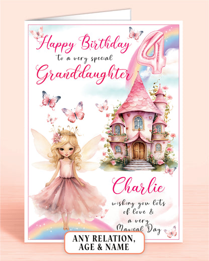 Granddaughter Birthday Card, 4th Birthday Card for Granddaughter, Fairy House, Fairy Door, Personalised with Name. Any Age and Relation BLONDE HAIR | Oliver Rose Designs