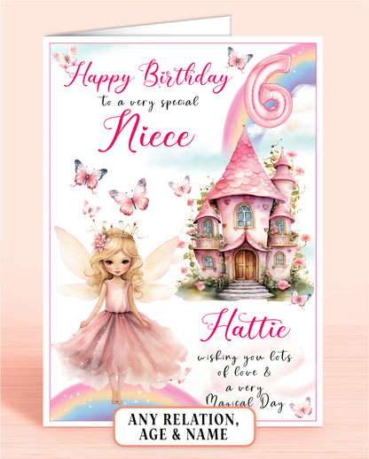 Niece Birthday Card, 6th Birthday Card for Niece, Fairy House, Fairy Door, Personalised with Name. Any Age and Relation BLONDE HAIR | Oliver Rose Designs