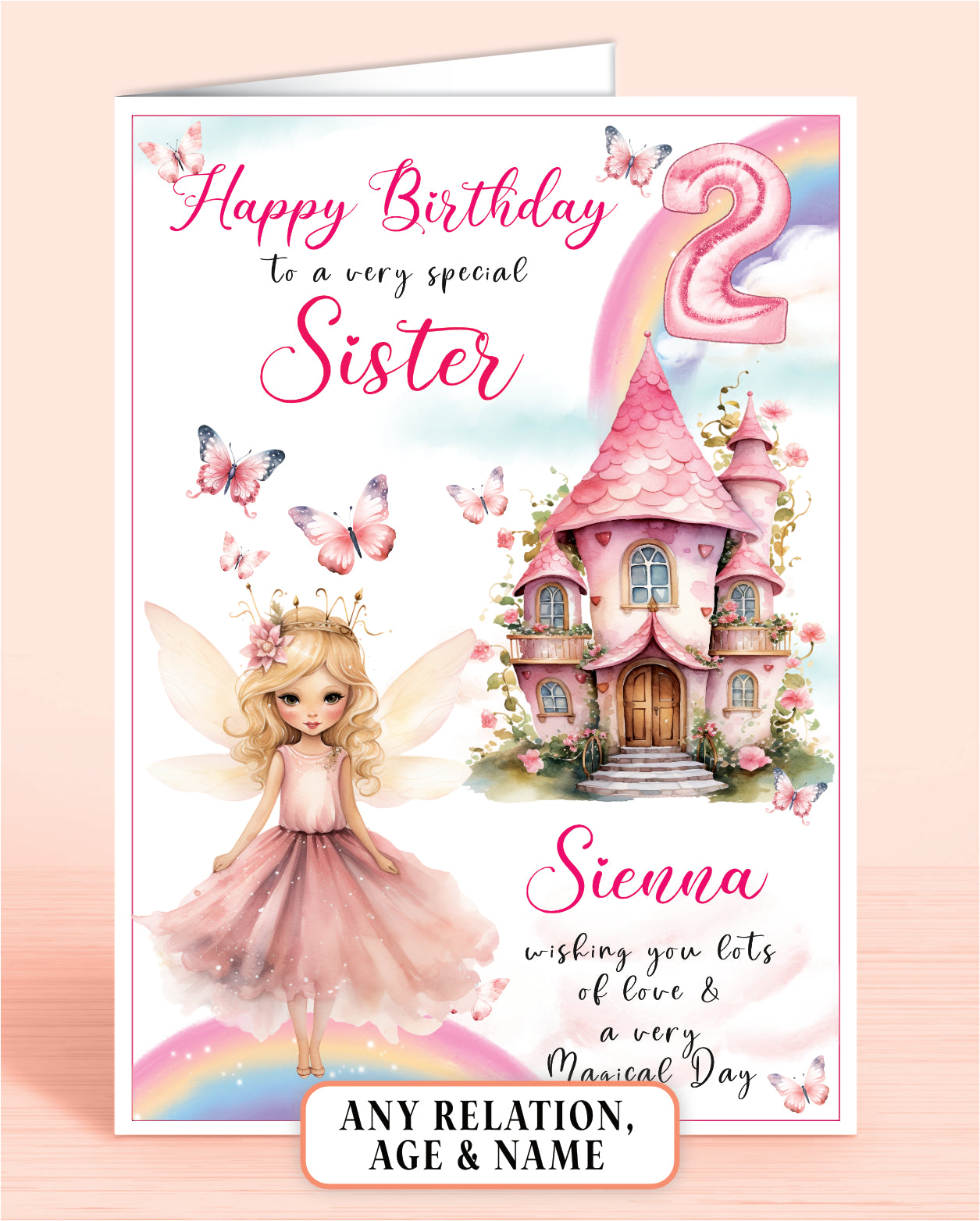 Sister Birthday Card, 2nd Birthday Card for Sister, Fairy House, Fairy Door, Personalised with Name. Any Age and Relation BLONDE HAIR | Oliver Rose Designs