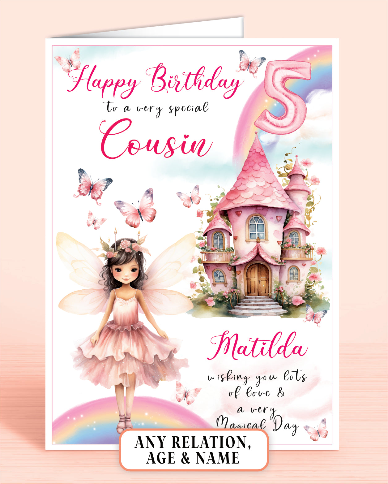Cousin Birthday Card, 5th Birthday Card for Cousin, Fairy House, Fairy Door, Personalised with Name. Any Age and Relation BROWN HAIR | Oliver Rose Designs