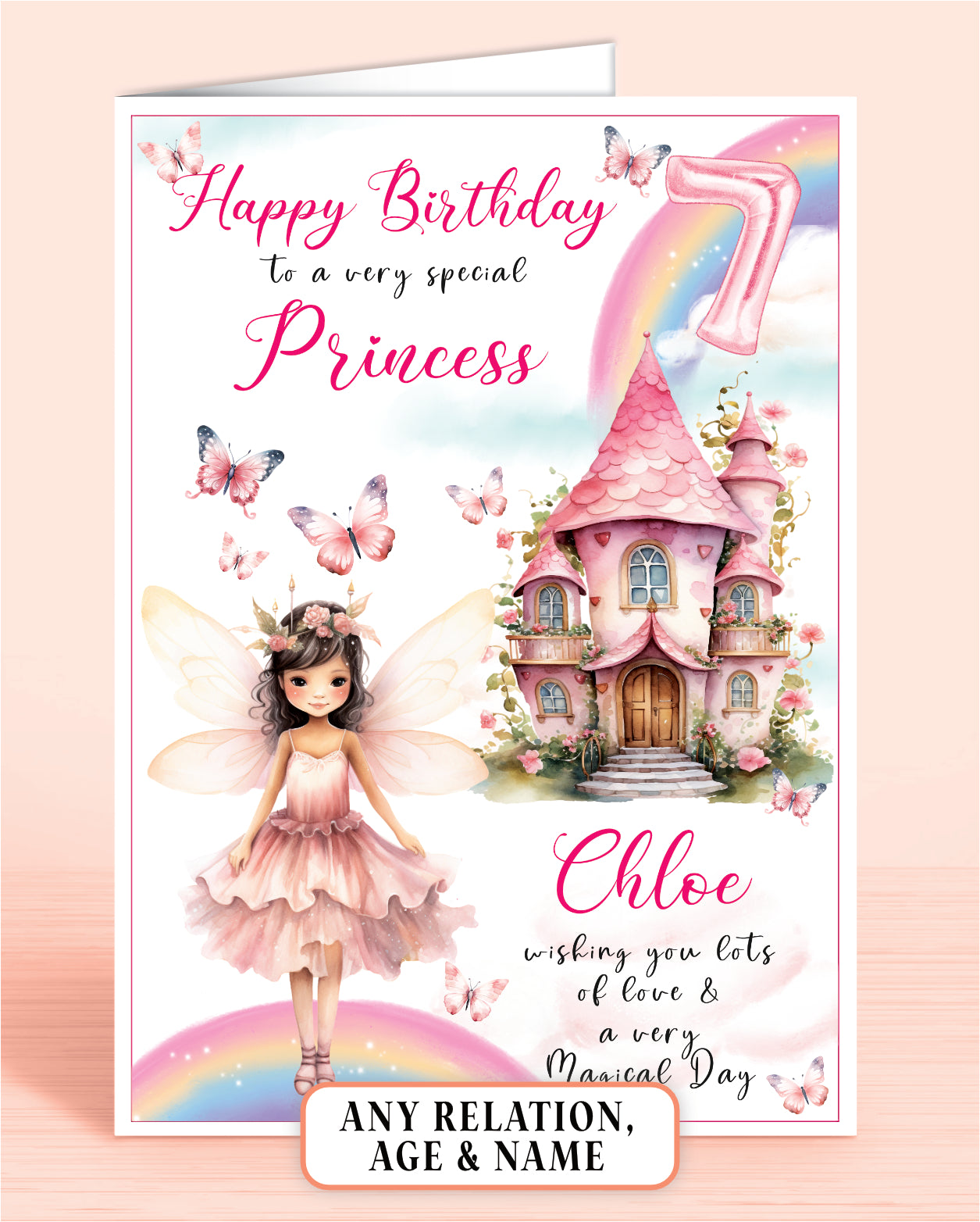 Girls Birthday Card, 7th Birthday Card for Girls, Fairy House, Fairy Door, Personalised with Name. Any Age and Relation BROWN HAIR | Oliver Rose Designs