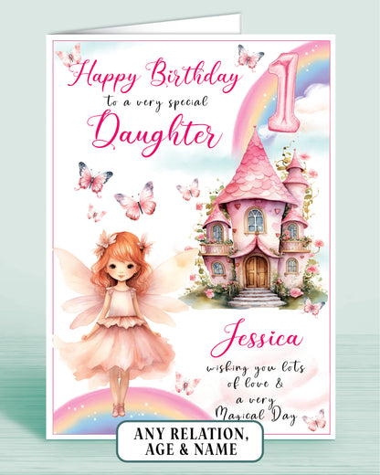 Daughter Birthday Card, 1st Birthday Card for Daughter, Fairy House, Fairy Door, Personalised with Name. Any Age and Relation RED HAIR | Oliver Rose Designs