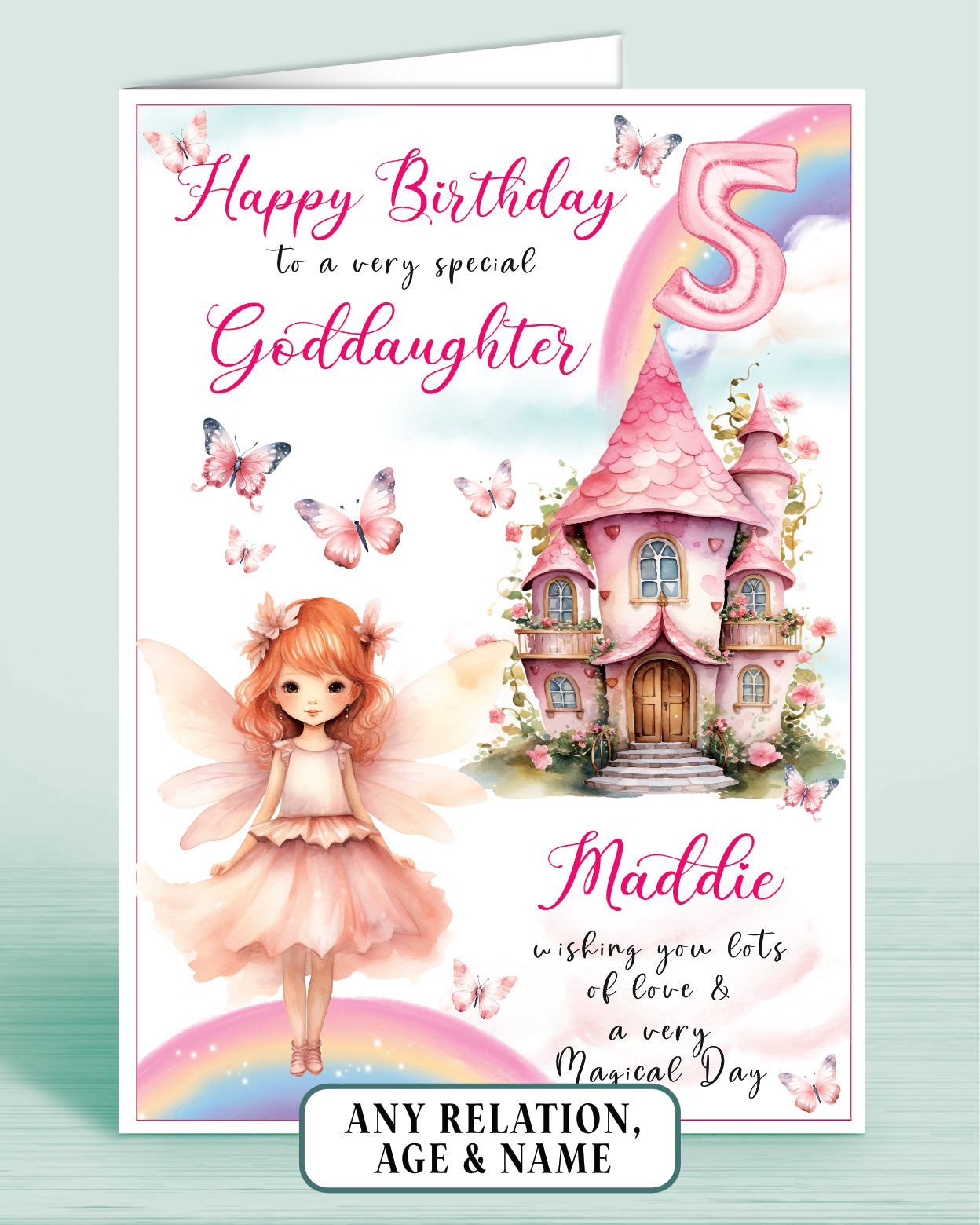 Goddaughter Birthday Card, 5th Birthday Card for Goddaughter, Fairy House, Fairy Door, Personalised with Name. Any Age and Relation RED HAIR | Oliver Rose Designs