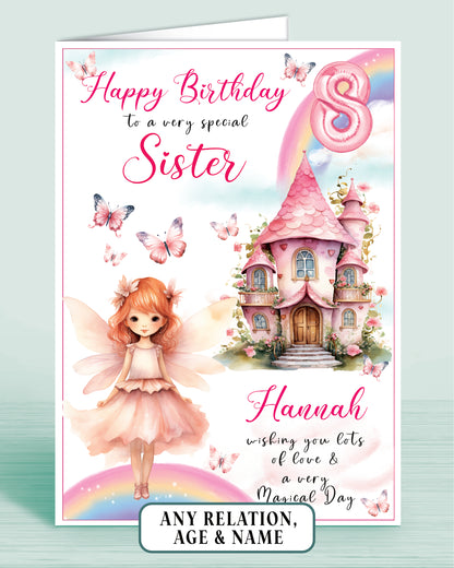 Sister Birthday Card, 8th Birthday Card for Sister, Fairy House, Fairy Door, Personalised with Name. Any Age and Relation RED HAIR | Oliver Rose Designs