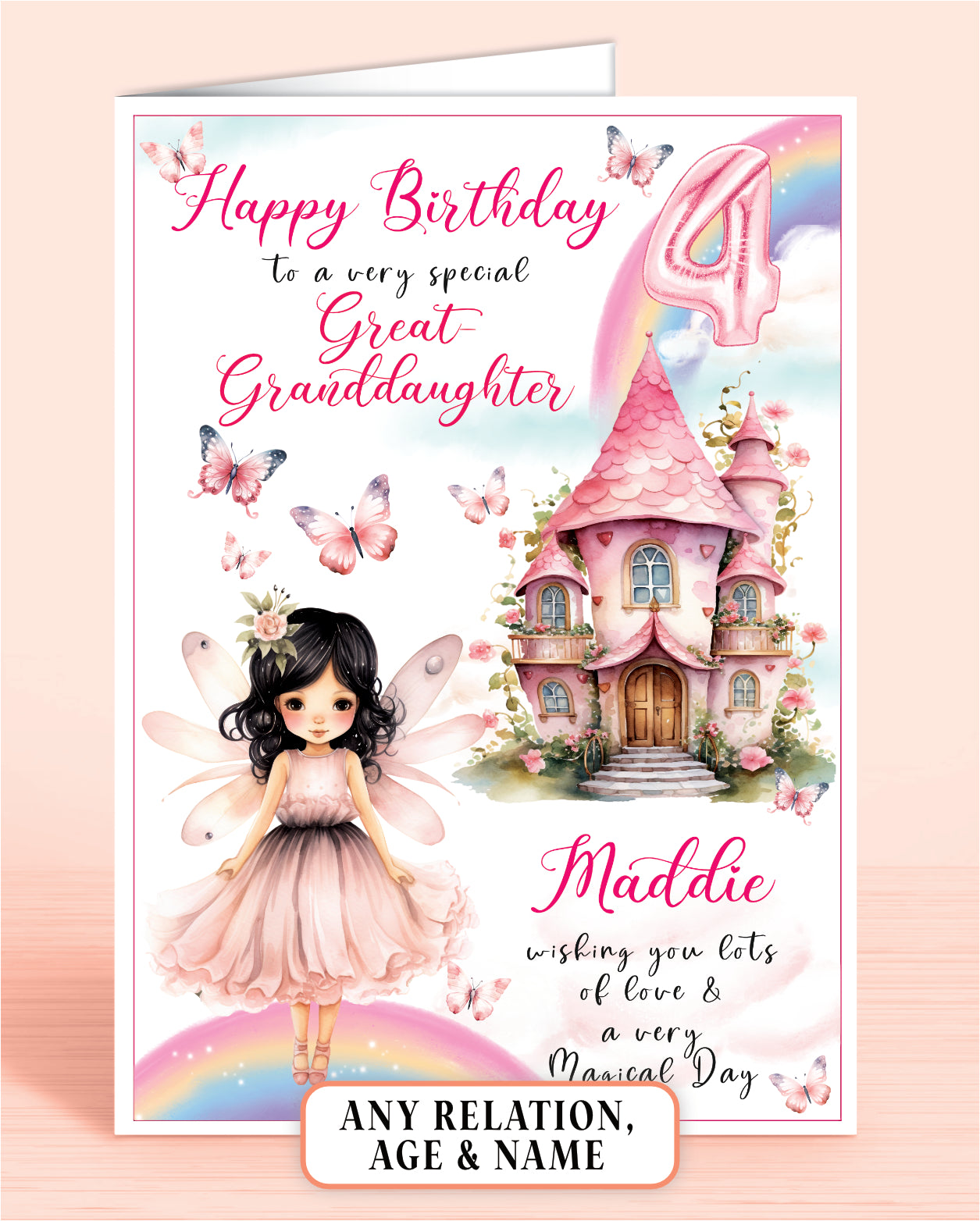 Great-Granddaughter Birthday Card, 4th Birthday Card for Granddaughter, Fairy House, Fairy Door, Personalised with Name. Any Age and Relation BLACK HAIR | Oliver Rose Designs