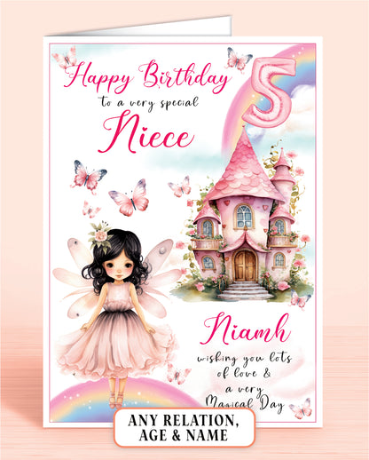 Niece Birthday Card, 5th Birthday Card for Great-Niece, Fairy House, Fairy Door, Personalised with Name. Any Age and Relation BLACK HAIR | Oliver Rose Designs