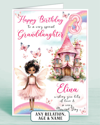 Granddaughter Birthday Card, 3rd Birthday Card for Granddaughter, Fairy House, Fairy Door, Personalised with Name. Any Age and Relation BLACK HAIR | Oliver Rose Designs