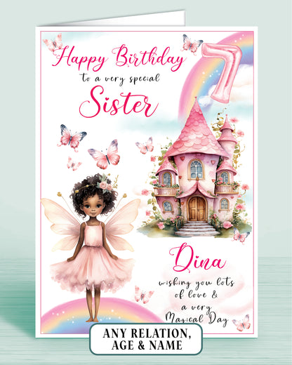 Sister Birthday Card, 7th Birthday Card for Little Sister, Big Sister, Fairy House, Fairy Door, Personalised with Name. Any Age and Relation BLACK HAIR | Oliver Rose Designs