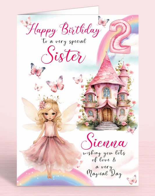 Sister 2nd Birthday Card, Fairies, Fairy House, Fairy Door, Personalised with Name, Happy Birthday to a very special Niece, wishing you lots of love & a very magical day, Pink & Rainbows | Oliver Rose Designs