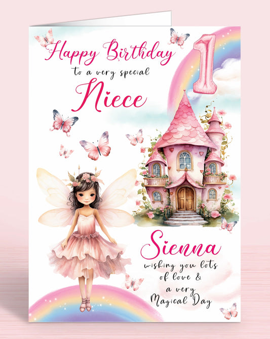 Niece 1st Birthday Card, Fairies, Fairy House, Fairy Door, Personalised with Name, Happy Birthday to a very special Sister, wishing you lots of love & a very magical day, Pink & Rainbows, BROWN HAIR [GIRL B] | Oliver Rose Designs