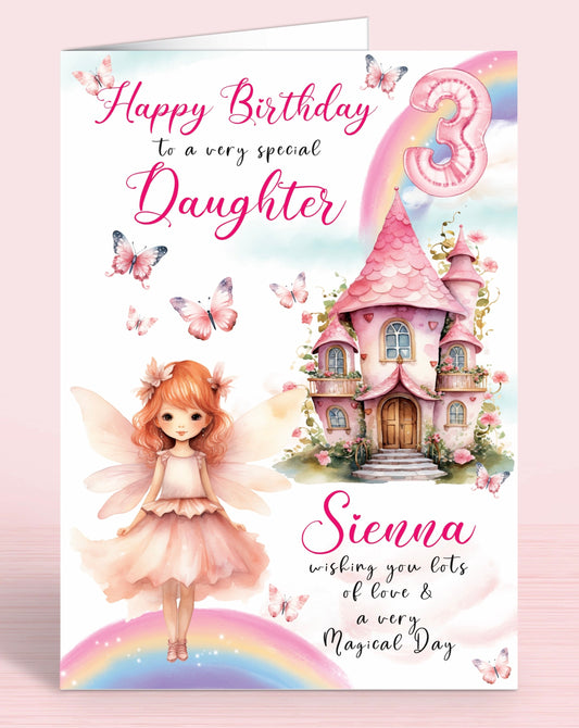 Daughter 3rd Birthday Card, Fairies, Fairy House, Fairy Door, Personalised with Name, Happy Birthday to a very special Granddaughter, wishing you lots of love & a very magical day, Pink & Rainbows, RED HAIR [GIRL C] | Oliver Rose Designs
