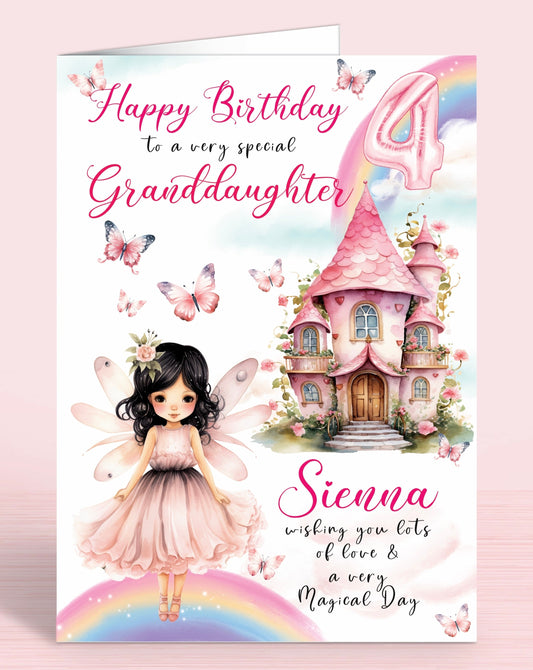 Granddaughter 4th Birthday Card, Fairies, Fairy House, Fairy Door, Personalised with Name, Happy Birthday to a very special Goddaughter, wishing you lots of love & a very magical day, Pink & Rainbows, BLACK HAIR [GIRL D] | Oliver Rose Designs