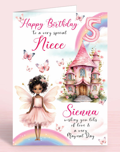 Niece 5th Birthday Card, Fairies, Fairy House, Fairy Door, Personalised with Name, Happy Birthday to a very special Sister, wishing you lots of love & a very magical day, Pink & Rainbows, CURLY HAIR [GIRL E] | Oliver Rose Designs