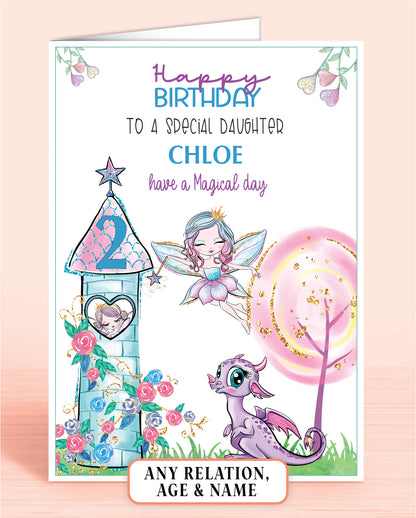 Daughter Birthday Card, 2nd Birthday Card, for Granddaughter, Fairies Design, Fairy Dragon. Any Age, Any Relation, add a Name to Personalise! by Oliver Rose Designs