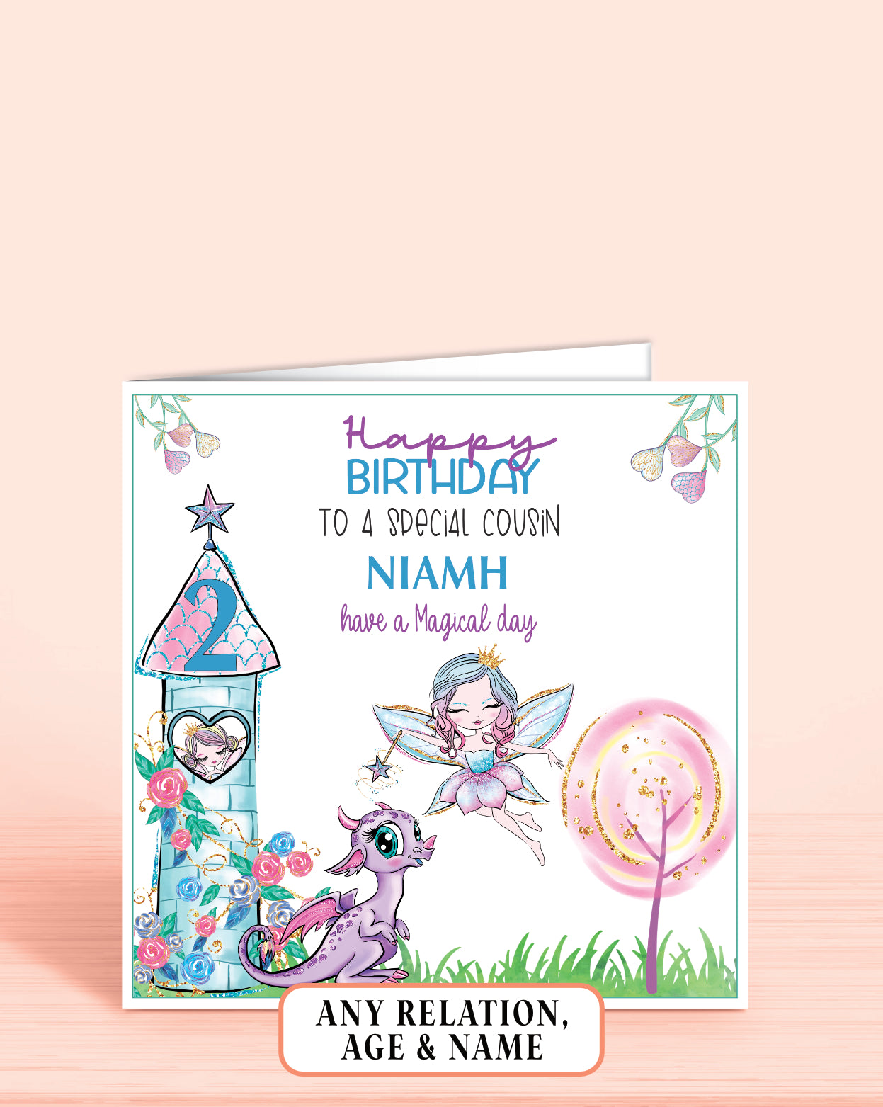 Cousin Birthday card, Girls 2nd Birthday Card, Fairies, Dragons, Magical Tower, Whimsical, Any Age, Any Relation & Add a Name | Oliver Rose Designs