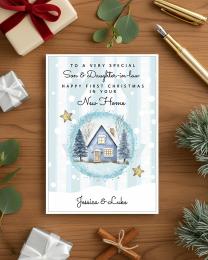 Festive Flat lay image of Son & Daughter-in-law happy first christmas in your new home card, personalised with names if required.