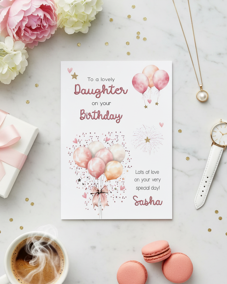 Lifestyle Flat Lay image of Daughter Pink Balloons Birthday Card, to a lovely Daughter on your Birthday, Lots of love on your very special day! Add name if required. AI assisted image