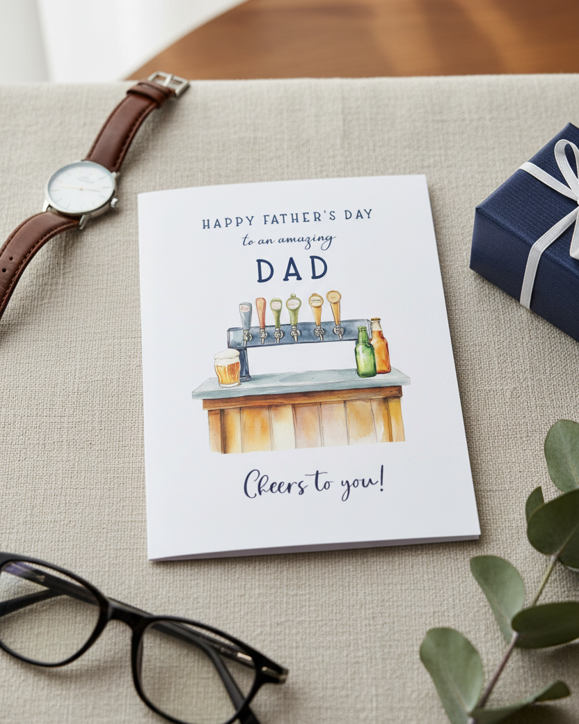 Close-up flat lay image of Father's Day Card Beer Themed, lifestyle image created with Ai assistance | Oliver Rose Designs