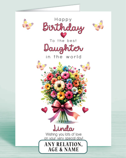 Daughter Birthday Card, Floral Bouquet Personalised Birthday Card for Daughter (approx 8x6 inches, inc envelope) - Oliver Rose Designs