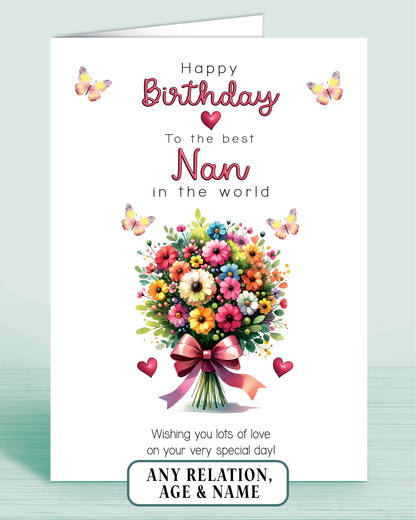 Nan Birthday Card, Floral Bouquet Personalised Birthday Card for Nanny (approx 8x6 inches, inc envelope) - Oliver Rose Designs