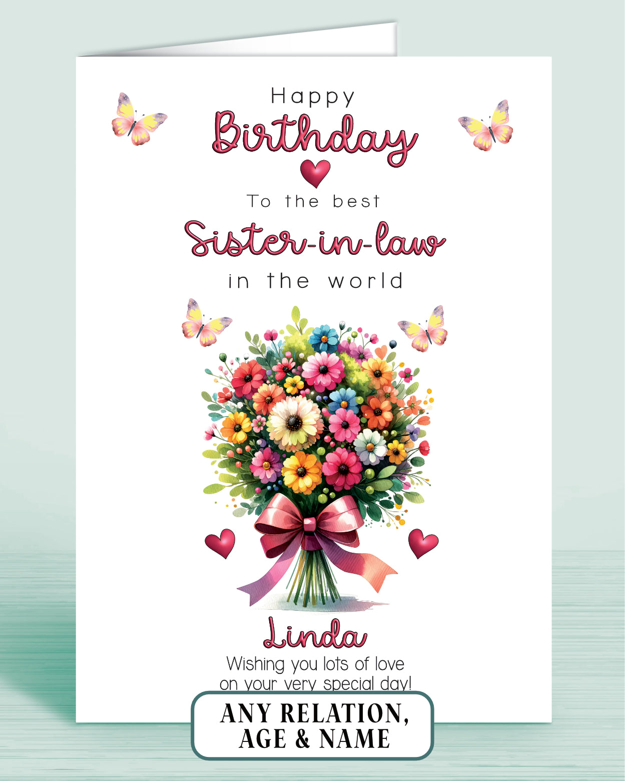 Sister-in-law Birthday Card, Floral Bouquet Personalised Birthday Card for Sister In Law (approx 8x6 inches, inc envelope) - Oliver Rose Designs