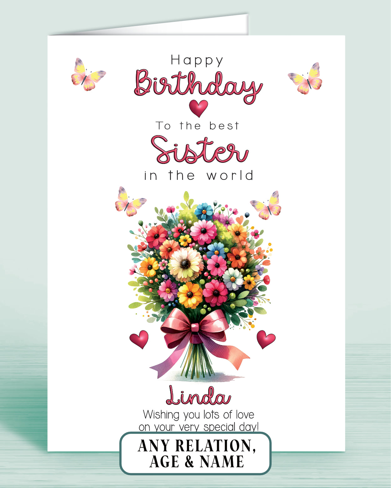 Sister Birthday Card, Floral Bouquet Personalised Birthday Card for Sister (approx 8x6 inches, inc envelope) - Oliver Rose Designs