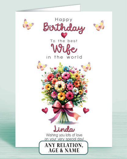 Wife Birthday Card, Floral Bouquet Personalised Birthday Card for Wife (approx 8x6 inches, inc envelope) - Oliver Rose Designs
