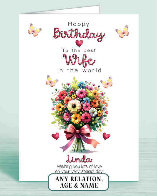 Wife Birthday Card, Floral Bouquet Personalised Birthday Card for Wife (approx 8x6 inches, inc envelope) - Oliver Rose Designs