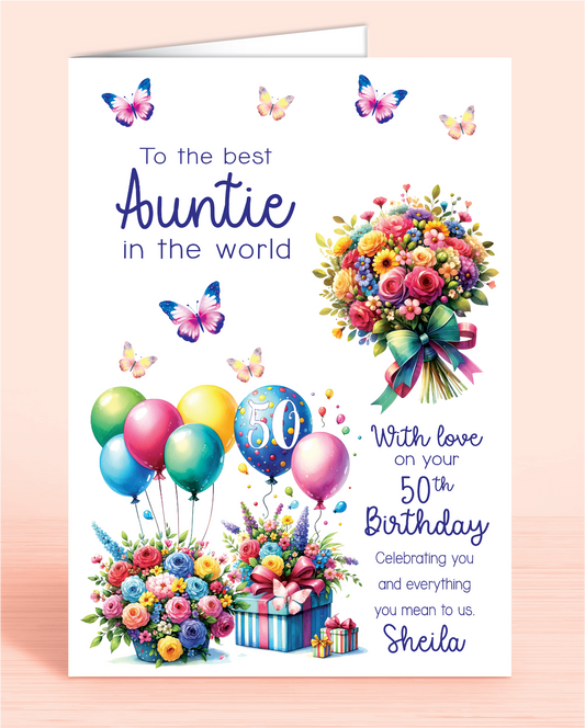 Auntie Birthday Card, Floral Bright Personalised Birthday Card for Aunt (approx 8x6 inches, inc envelope) - Oliver Rose Designs