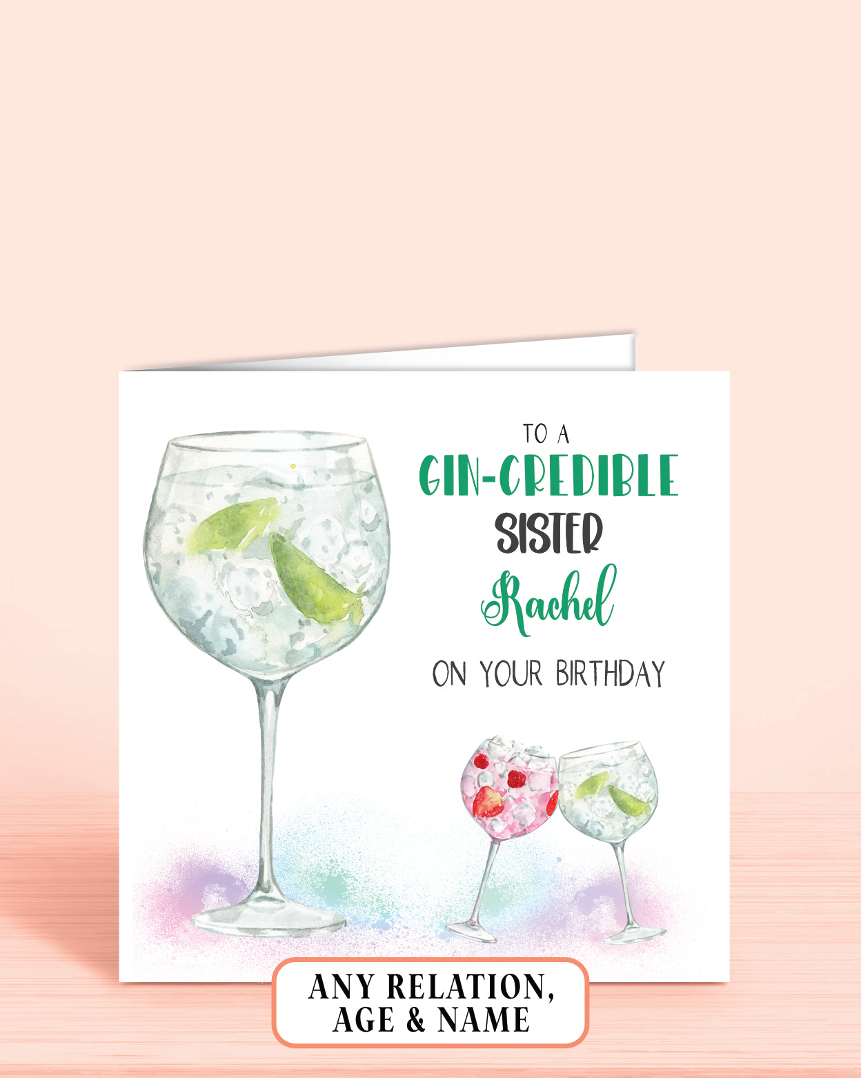 Sister Birthday Card, Any Age, Any Relation Personalised Birthday Card, Green Gin Birthday Card | Oliver Rose Designs