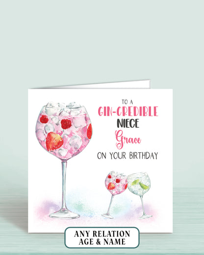 Niece Birthday Card, Personalised Birthday Card for Niece, Pink Gin Birthday Card (5.75" Square) - Gin-credible - Oliver Rose Designs