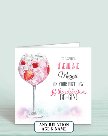Friend Birthday Card, Birthday Card for a Friend, Personalised Pink Gin Birthday Card (5.75" Square) - Let the Celebrations Be-Gin -|Oliver Rose Designs