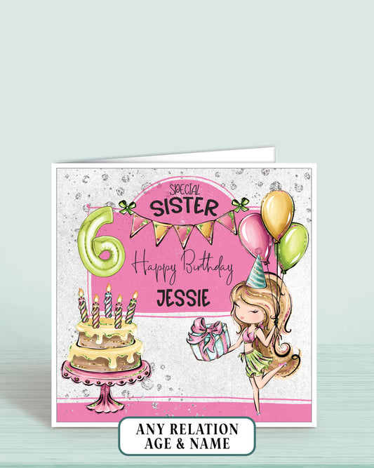 Birthday card for a special sister with balloons and cake illustration on a pink and grey background. Blonde Haired Girl