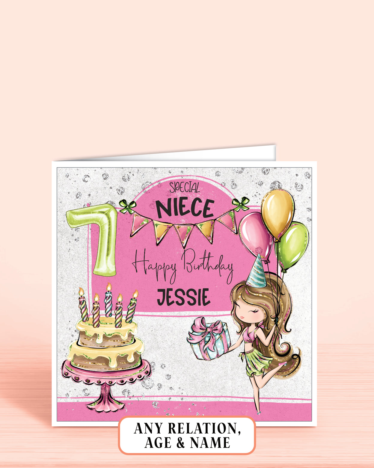 Birthday card for a special niece with balloons and cake illustration on a pink and grey background. Light Brown Haired Girl