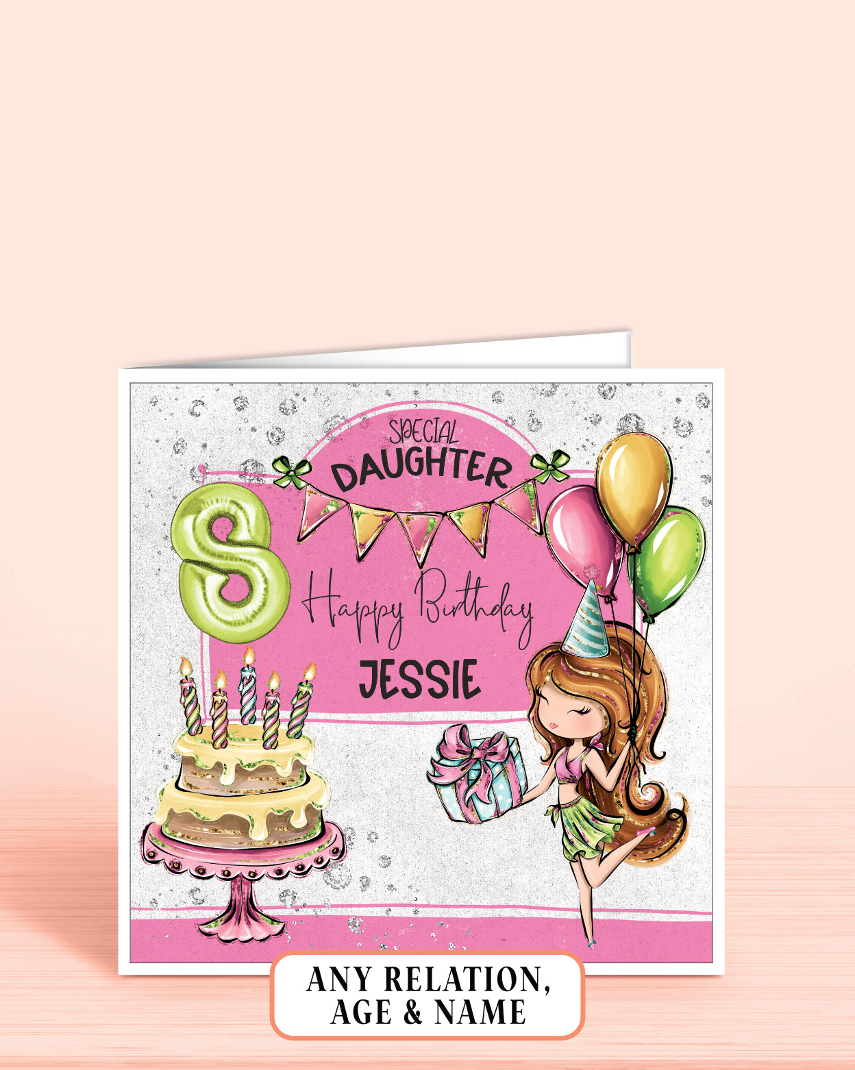 Birthday card for a special daughter with balloons and cake illustration on a pink and grey background. Auburn Haired Girl