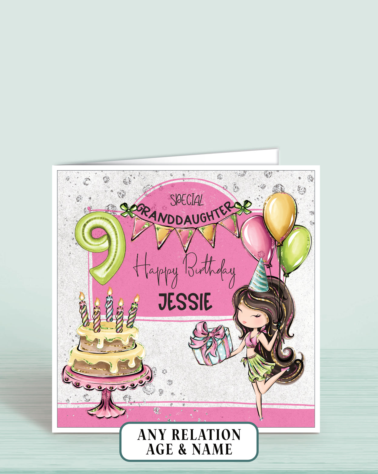 Birthday card for a special granddaughter with balloons and cake illustration on a pink and grey background, dark brown haired girl